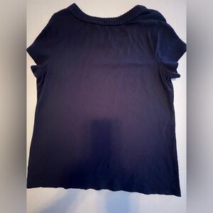 Talbots Navy Blue Boxy Short Sleeve Tee with Woven Look Neck.  Large Petite